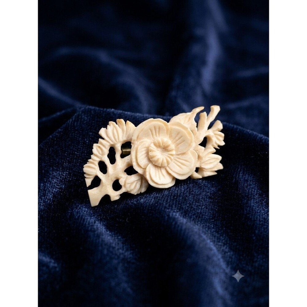 Vintage Celluloid Cream Floral Brooch Pin Carved Look Flower Leaf Openwork